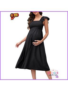 Maternity Smocked Maxi Dress Flutter Sleeve Square Neck Boho Photoshoot Baby